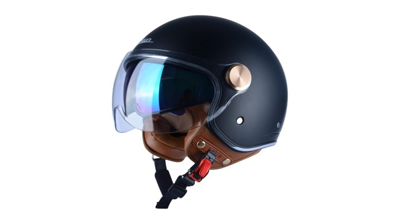 Open face helmet with blue shell and brown padding
