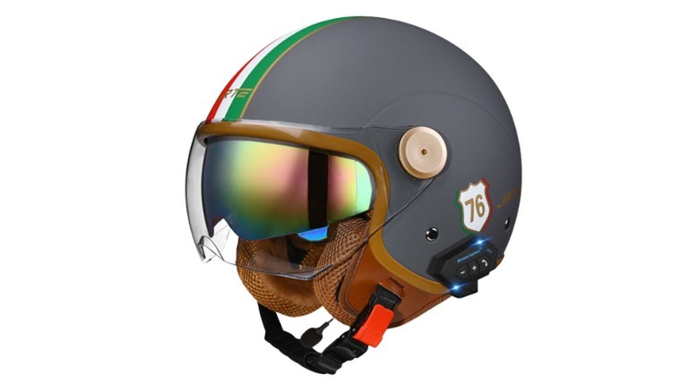 Grey helmet with multi-colored strip design, tinted visor, and brown padding
