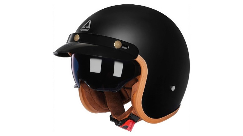 3/4 face helmet with black exterior and brown inner cushions