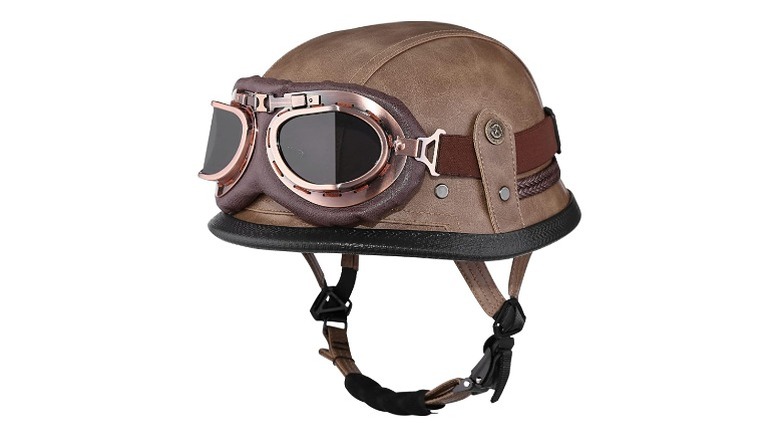 Brown German-style helmet with brown goggles on top