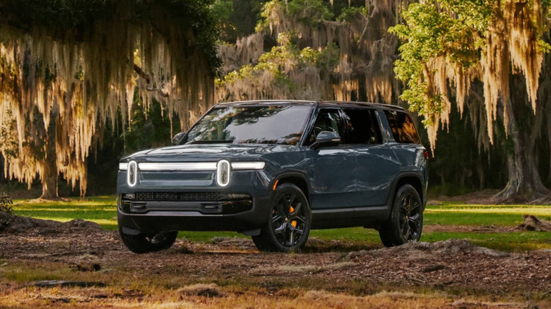 Rivian R1S parked in the woods