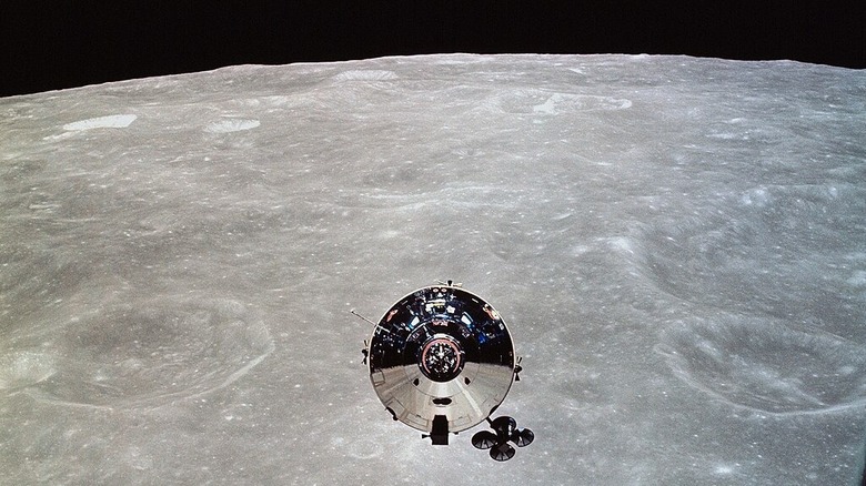 The Apollo 10 Command and Service Modules (CSM) are photographed from the Lunar Module (LM)