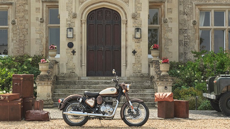A Royal Enfield Classic 350 bike parked in front of a home