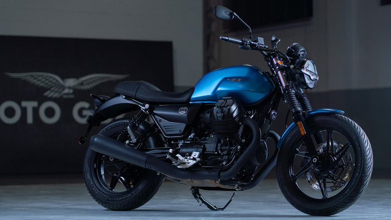 Moto Guzzi V7 parket in a warehouse