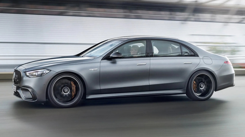 Silver Mercedes-AMG S 63 E Performance driving on a track