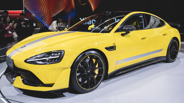 Yellow Xiaomi SU7 Ultra on display at Mobile World Congress 2025