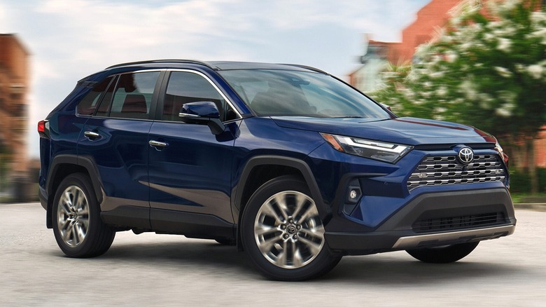 A 2025 blue Toyota RAV 4 Hero in a blurred neighborhood backdrop with a small garden
