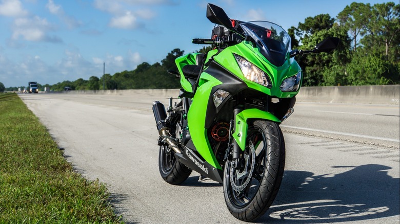 Kawasaki Ninja 300 parked on shoulder