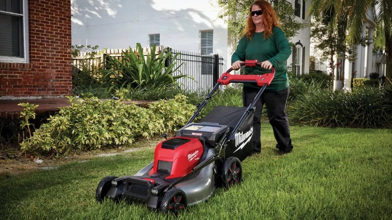 mowing lawn with Milwaukee lawn mower