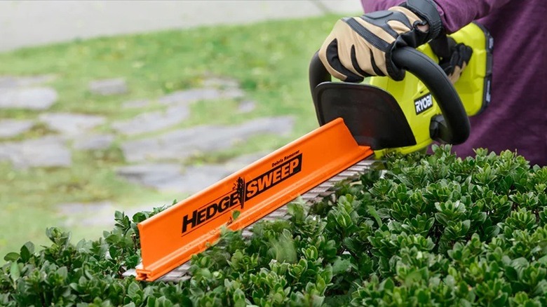 Person using Ryobi hedge trimmer