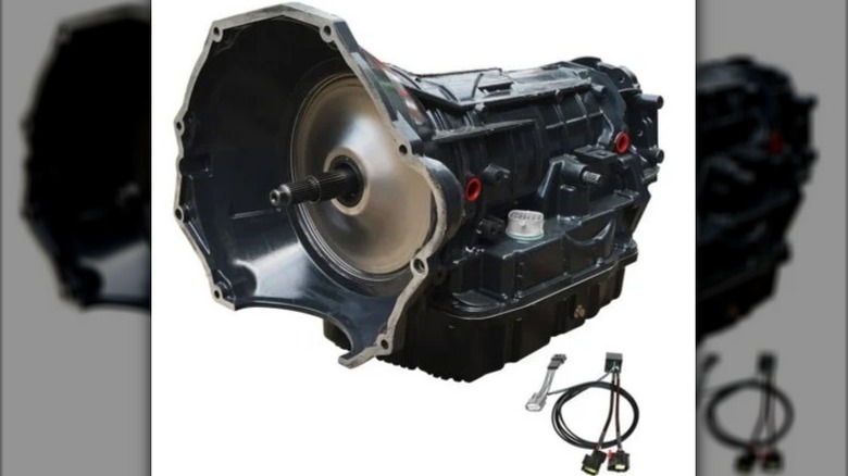 A billet automatic transmission assembly with a torque converter installed.