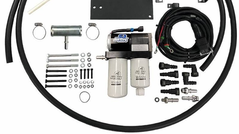 Complete AirDog fuel air separation system kit laid out on a white background.