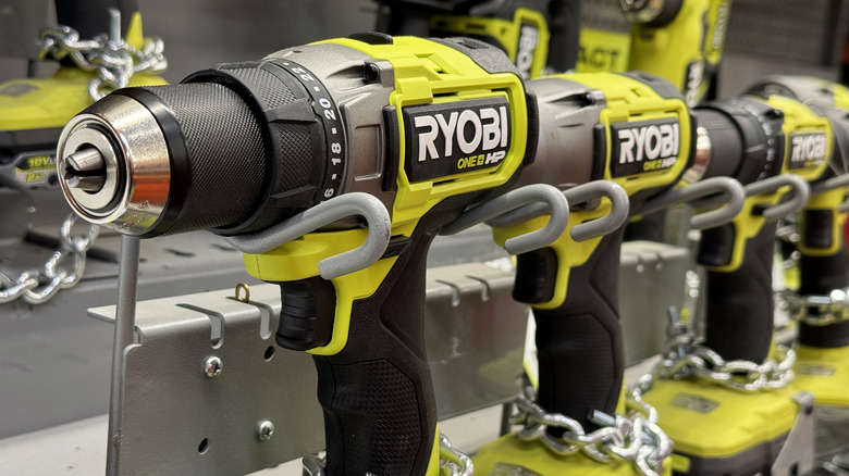 Ryobi drills on store shelf