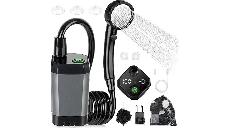 Spopal portable shower with multiple accessories placed against a white background.