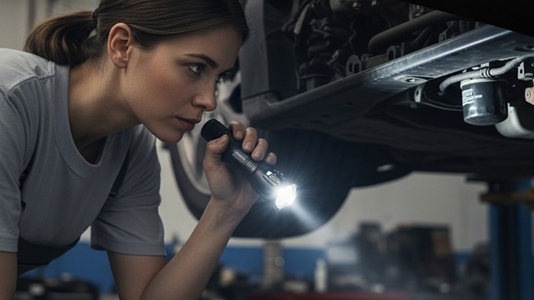 Woman looking under a car with the help of a flashlight.