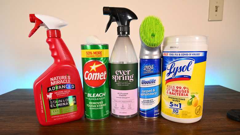 Five cleansers next to each other on a desk