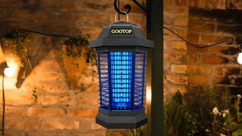 A bug zapper placed outside with a woman talking on phone.
