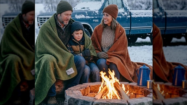 A family sitting around a campfire in snow with blankets.