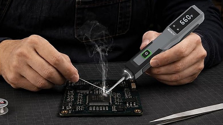 Using a soldering iron to work on an electrical circuit.