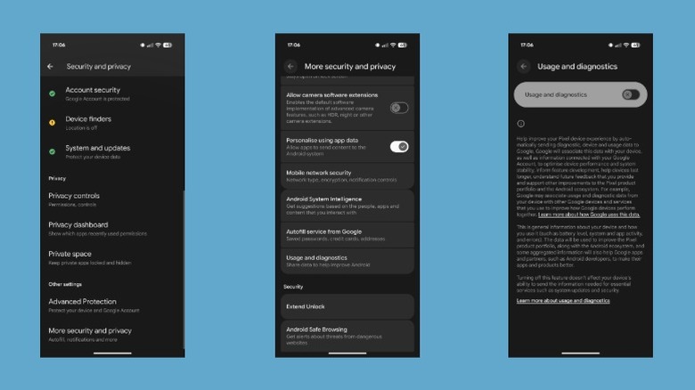 Disabling Usage and diagnostics option on a Pixel phone.