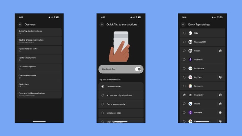 Screenshots showing the steps to Set up quick tap on a Google Pixel.