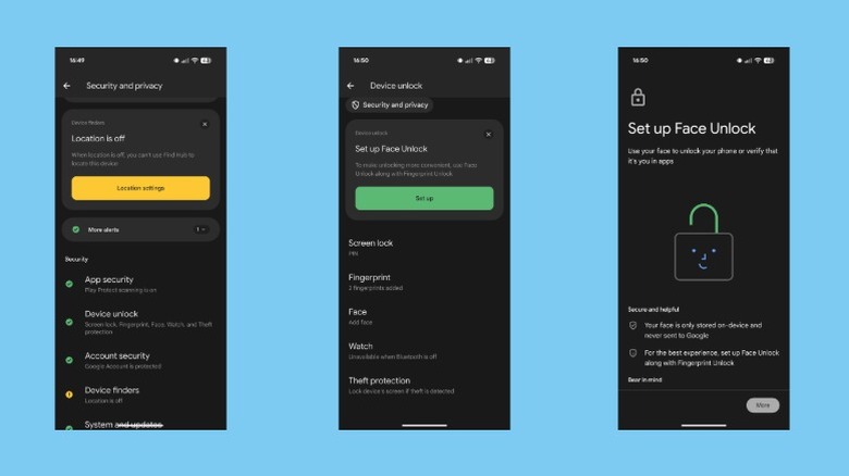 Screenshots of Android menus used to set up the Face Unlock feature on a Google Pixel.