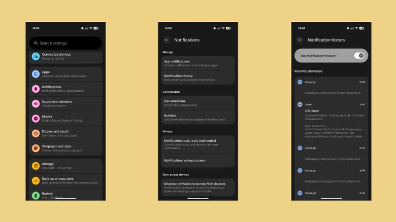 Screenshots showing the steps to enable Notification history on a Google Pixel.