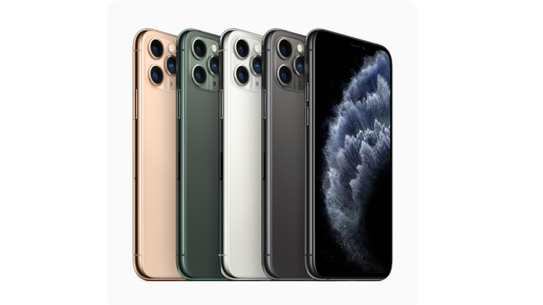 series of iPhone 11 phones on a white background