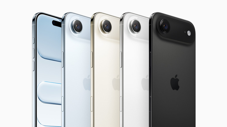 Several iPhone Airs standing side by side, white background