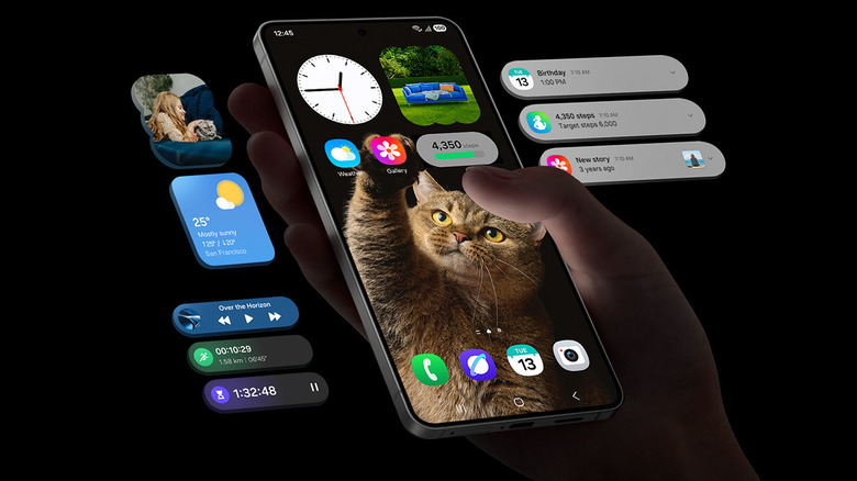 Graphical representation of the apps on an S25 edge phone being held in a hand