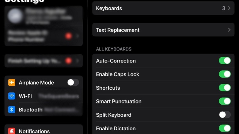 The text replacement option inside the settings menu of an iPad.