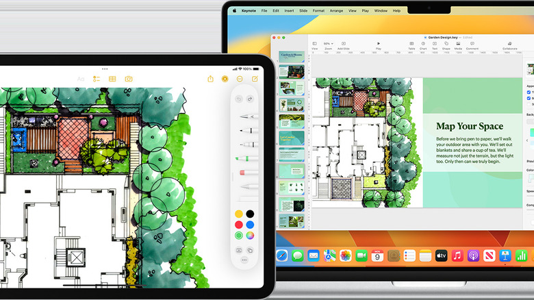 An iPad next to a Mac being used for drawing and images.