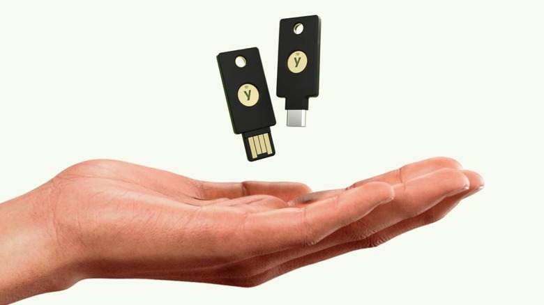 Two Yubikeys over a human palm