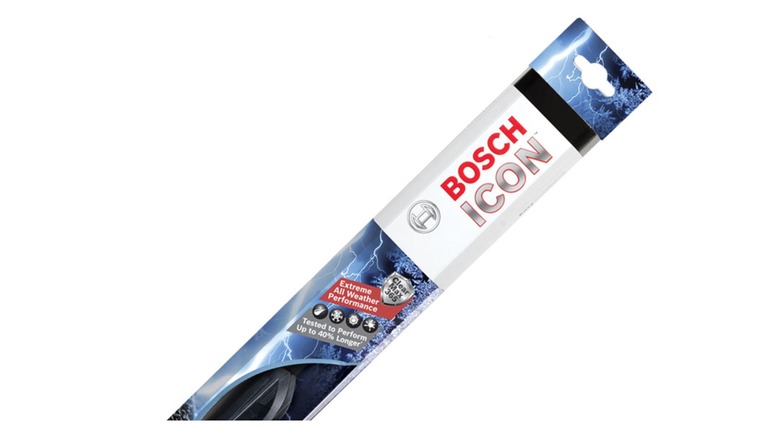A Bosch ICON wiper blade in its blue, white, and red packaging.