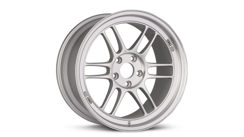A single, twin-spoke Enkei RPF1 rim in silver.