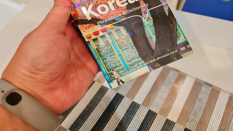 Holding a Lonely Planet Korean phrasebook.