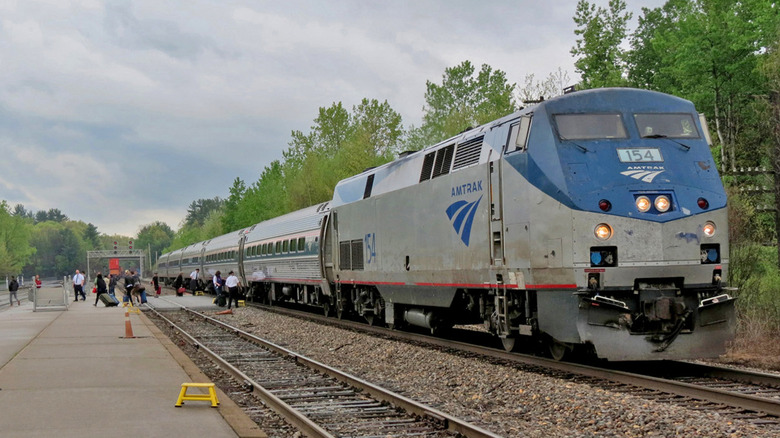 The Amtrak Adirondack parked at a station