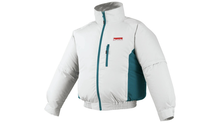 A white Makita 18V LXT cordless fan jacket with teal side panels, a zippered chest pocket, and a high collar.