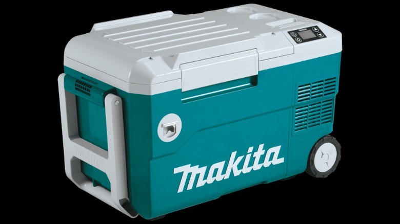 A teal and white Makita 18V X2 LXT cordless cooler and warmer combo against a plain background.