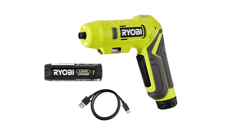 A Ryobi USB Lithium electric screwdriver with a battery and a USB cable