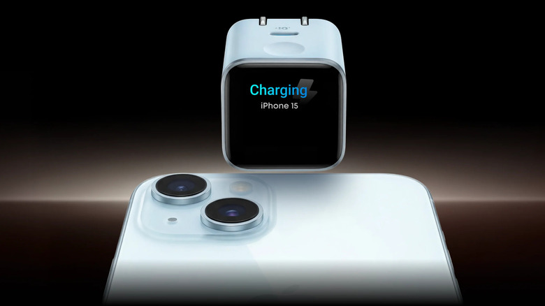 The Anker 45W nano charger over an iPhone with a gradient background