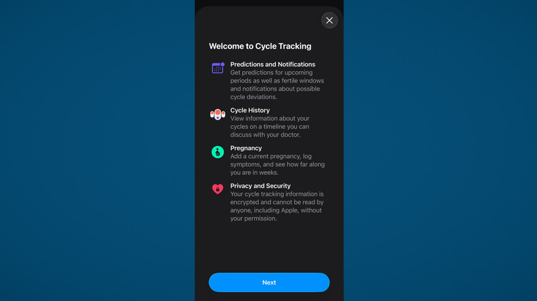 Cycle tracking splash screen on iphone health app