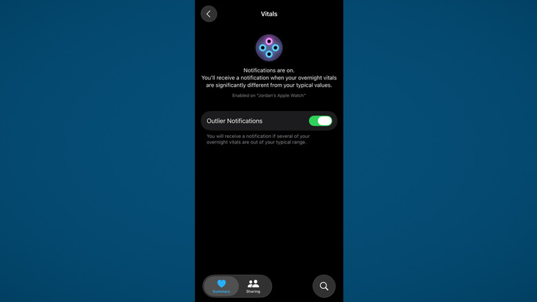 Vitals app settings in Apple Watch app