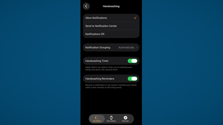 Handwashing settings in Apple Watch apps