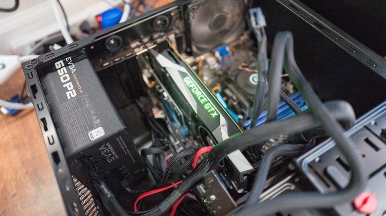 An NVIDIA GeForce GTX GPU inside a PC case
