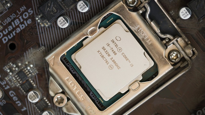 An Intel Core i5-7400 CPU installed on a motherboard