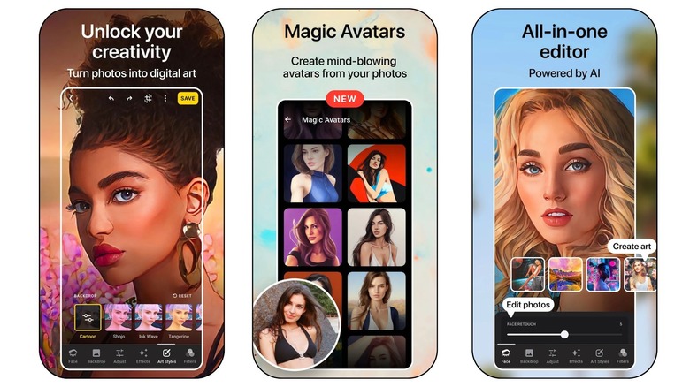 Screenshots of Lensa AI image generator features