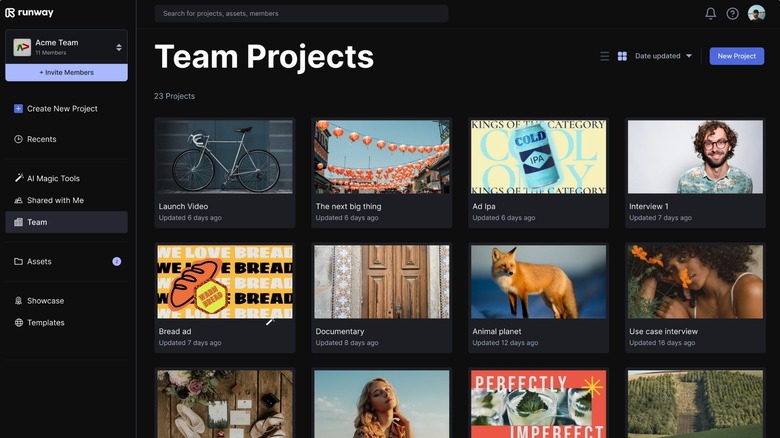 Runway ML AI tools Team Projects page