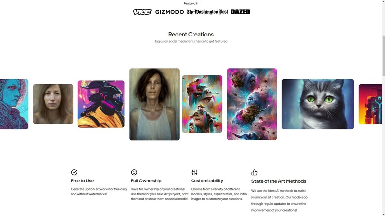 Screenshot of starryai AI image generator homepage