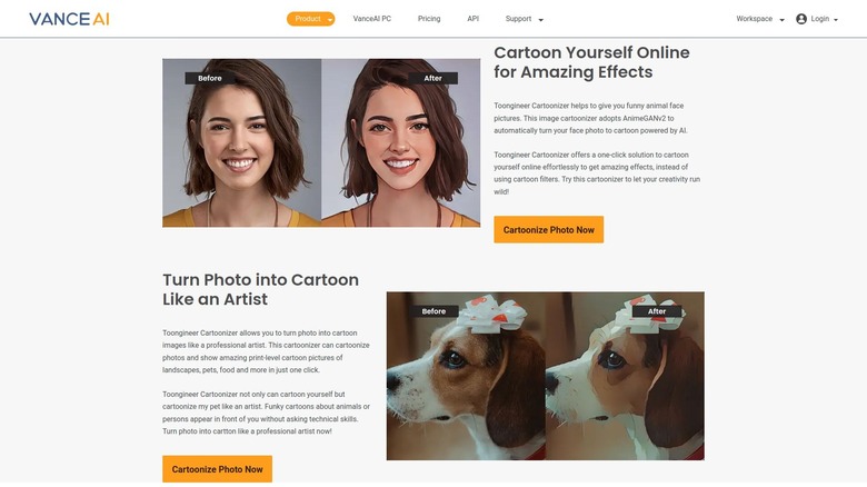 Screenshot of Toongineer AI image generator webpage